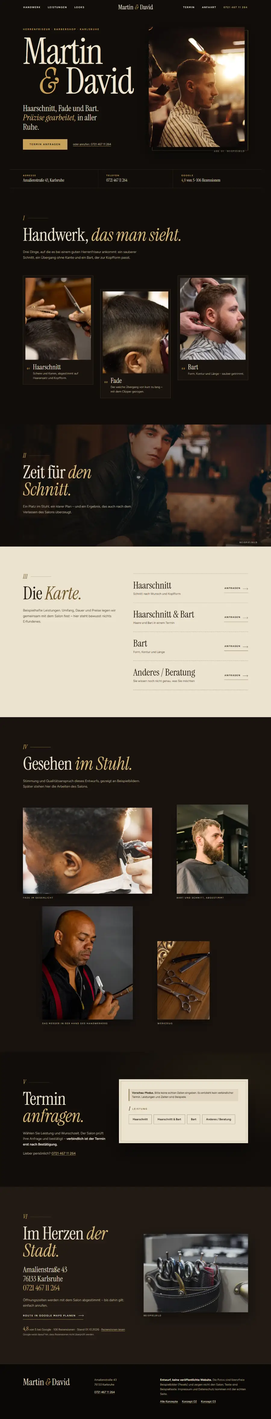 Vorschau Konzept 01 am Computer: dunkle Seite mit großem Namen in Serifenschrift, gerahmtem Foto eines Mannes im Barbierstuhl und der Terminkarte auf Papier