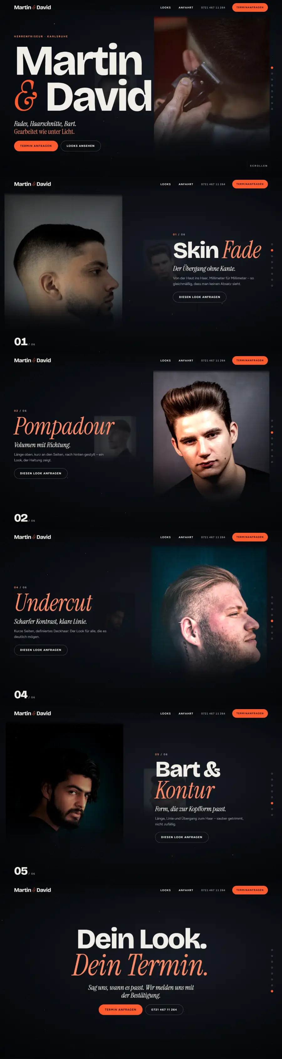 Vorschau Konzept 03 am Computer: dunkle Bühne mit riesigem Namen, Clipper-Nahaufnahme und danach Porträts mit Skin Fade, Pompadour und Undercut, die aus dem Dunkel auftauchen