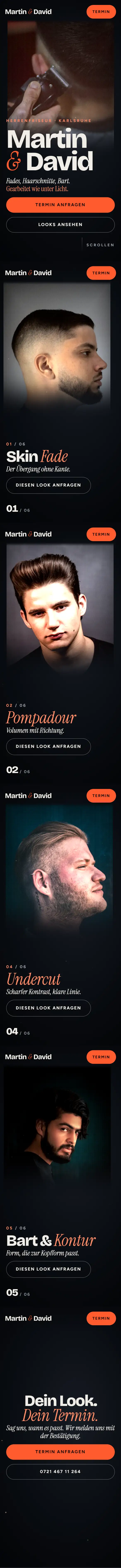 Vorschau Konzept 03 am Handy: Porträt oben, darunter Name des Looks und Schaltfläche für die Terminanfrage